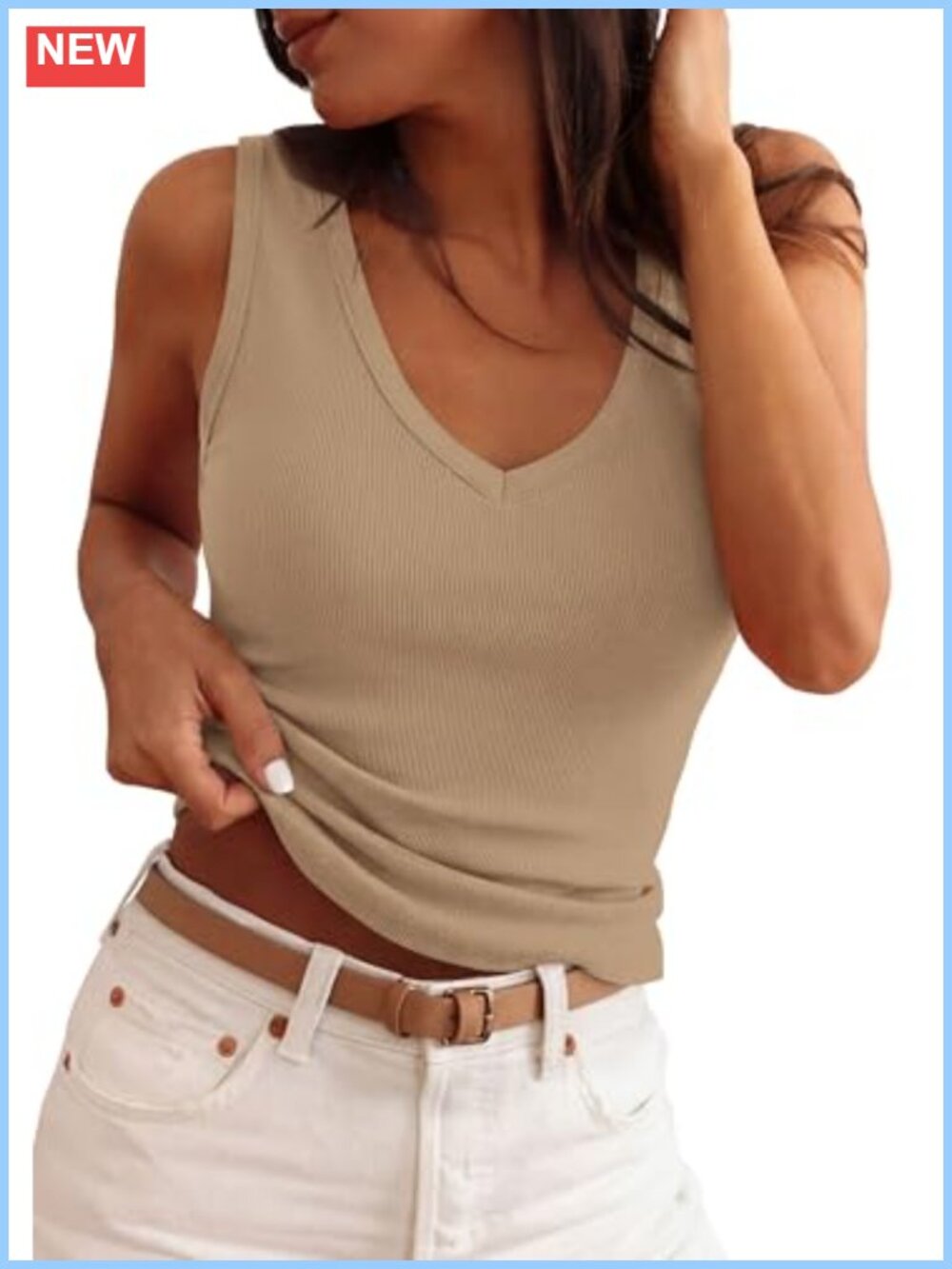 Ribbed Knit V Neck Tank Top Sleeveless Slim Fit Womens Tops